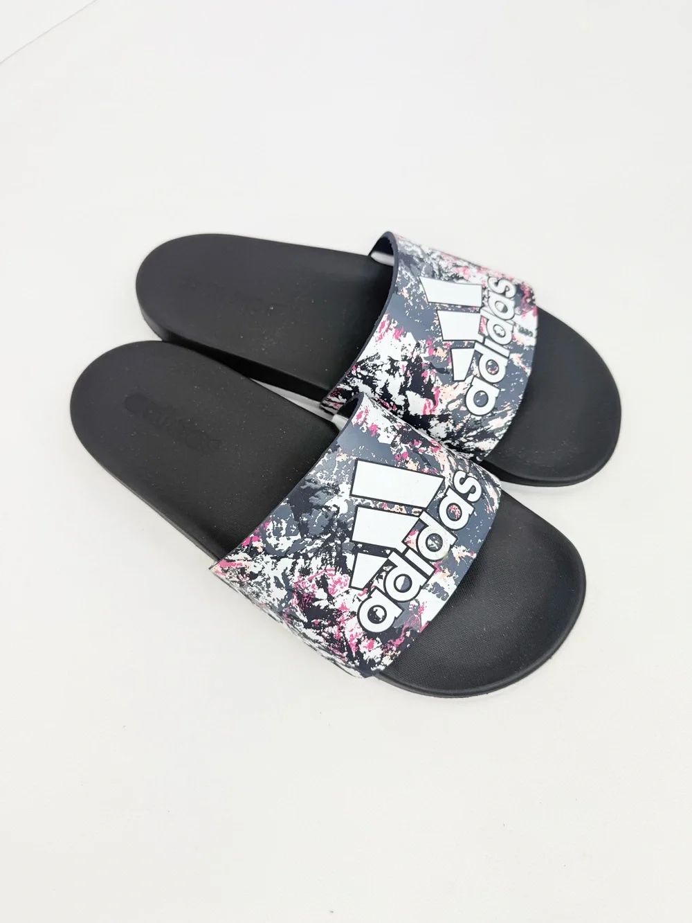 Adidas Adilette Black White Abstract Graphic Logo Top Comfort Slide Sandals